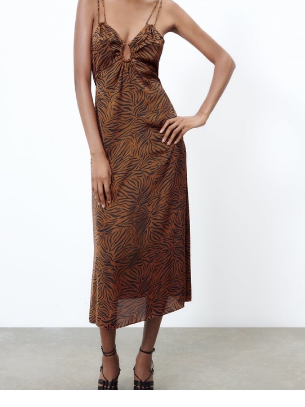 Zara Brown & Black Printed Slip Midi Dress animal print women dress